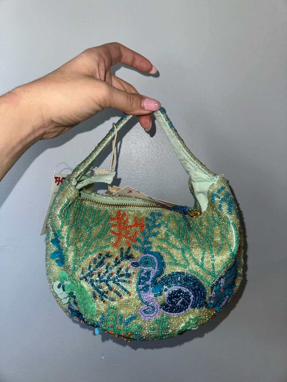 VIRAL BEADED BAG TJ MAXX Embellished Sea-Theme Beaded Shoulder Bag in Mint Green - Picture 5 of 5